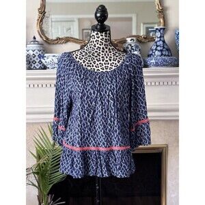 Democracy Blouse Shirt Tunic Top Boho Womens Floral ¾ Bell Sleeve Blue Large